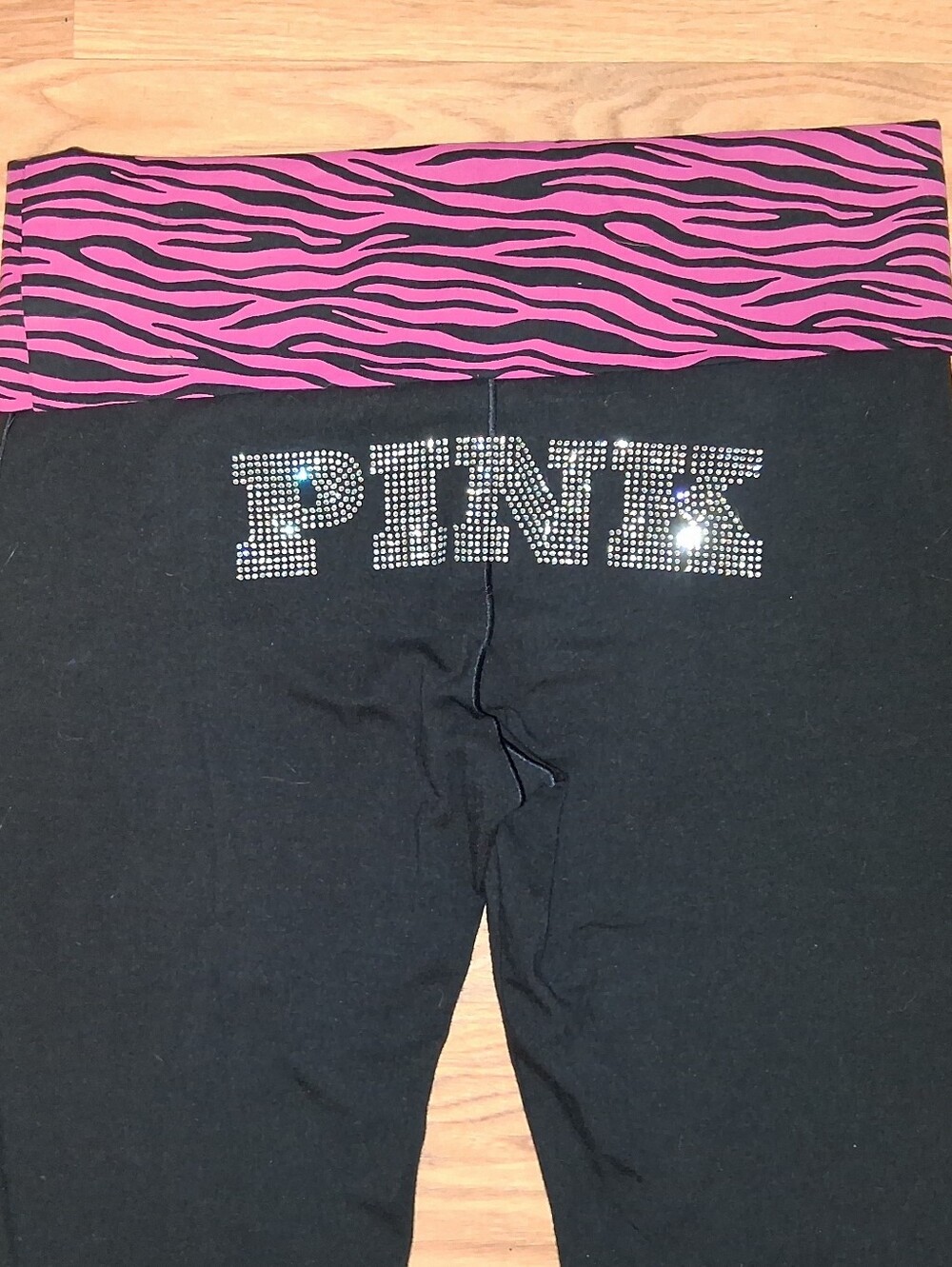 PINK Victoria's Secret Black Leggings with Pink Zebra Foldover Waistband